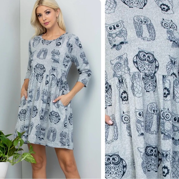 Owls 🦉 Print 3/4 Sleeves Sweater Dress With Pockets - Picture 6 of 6